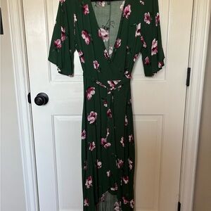 bobeau Green High-Low Wrap Dress with Pink Floral Print